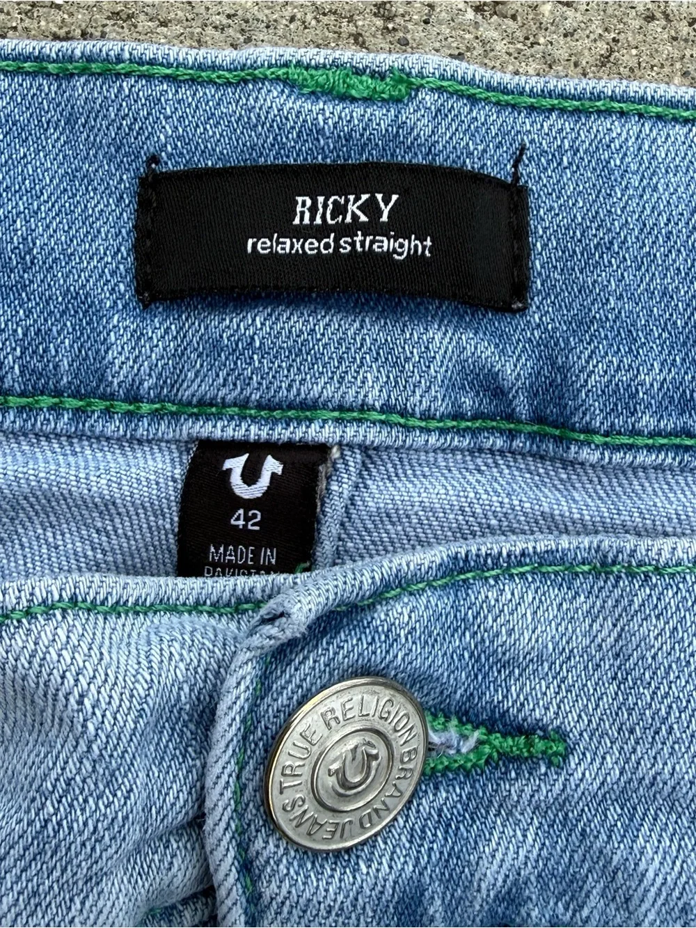 True Religion Ricky Relaxed Straight Light Blue Jeans with Green Stitching